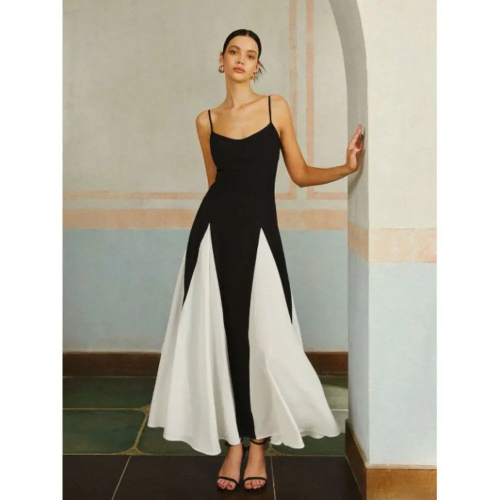 NWT Commense black white colorblock full skirt adjustable strap maxi dress gown - Picture 5 of 5